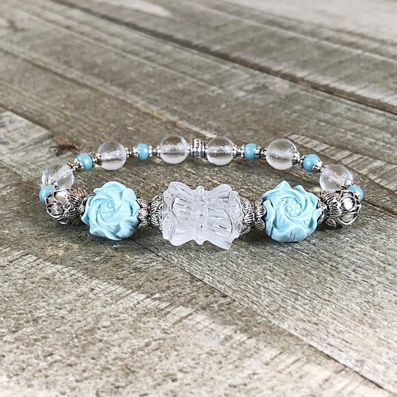 Rock Quartz Double Lotus Bracelet, Shell Powder Blue Flowers - Picture 1 of 7